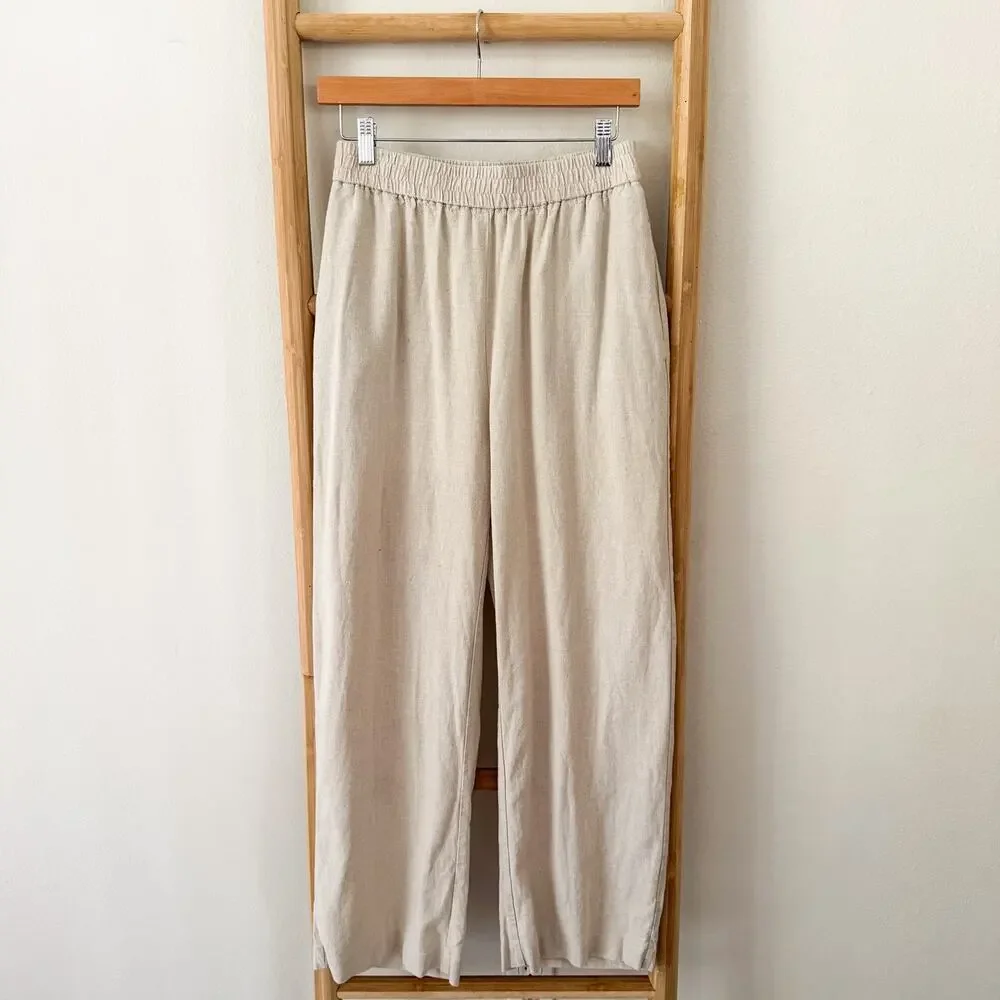 Zara Linen Blend Wide Leg Pants Beige Oatmeal Elastic Waist Size M EUC